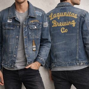 Lagunitas Brewing Co Denim Jean Jacket Mens M Patches IPA Beer embroidered
